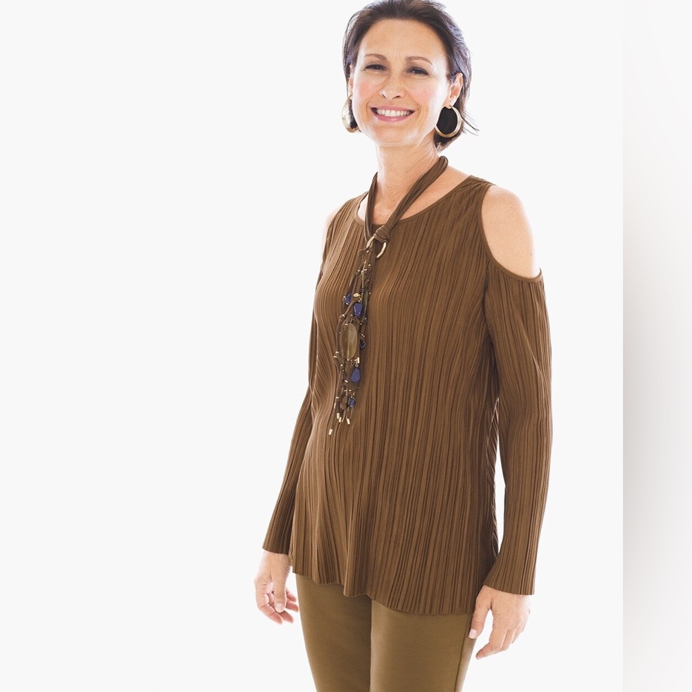 Chico’s Pleated Faux-Suede Cold-Shoulder Top